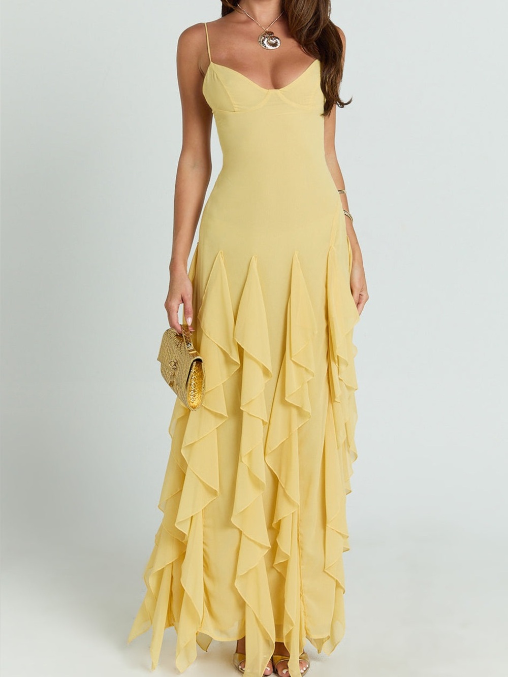 REVOLVE Yellow Spaghetti-Strap Ruffle Maxi Dress - Picture 4 of 12